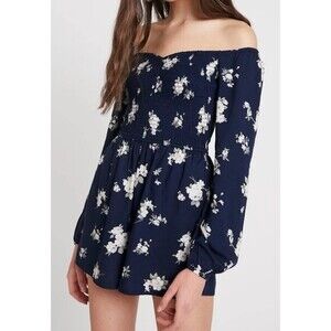 Hollister Navy Blue Floral Off Shoulder Smocked Romper Coquette Babydoll Y2K